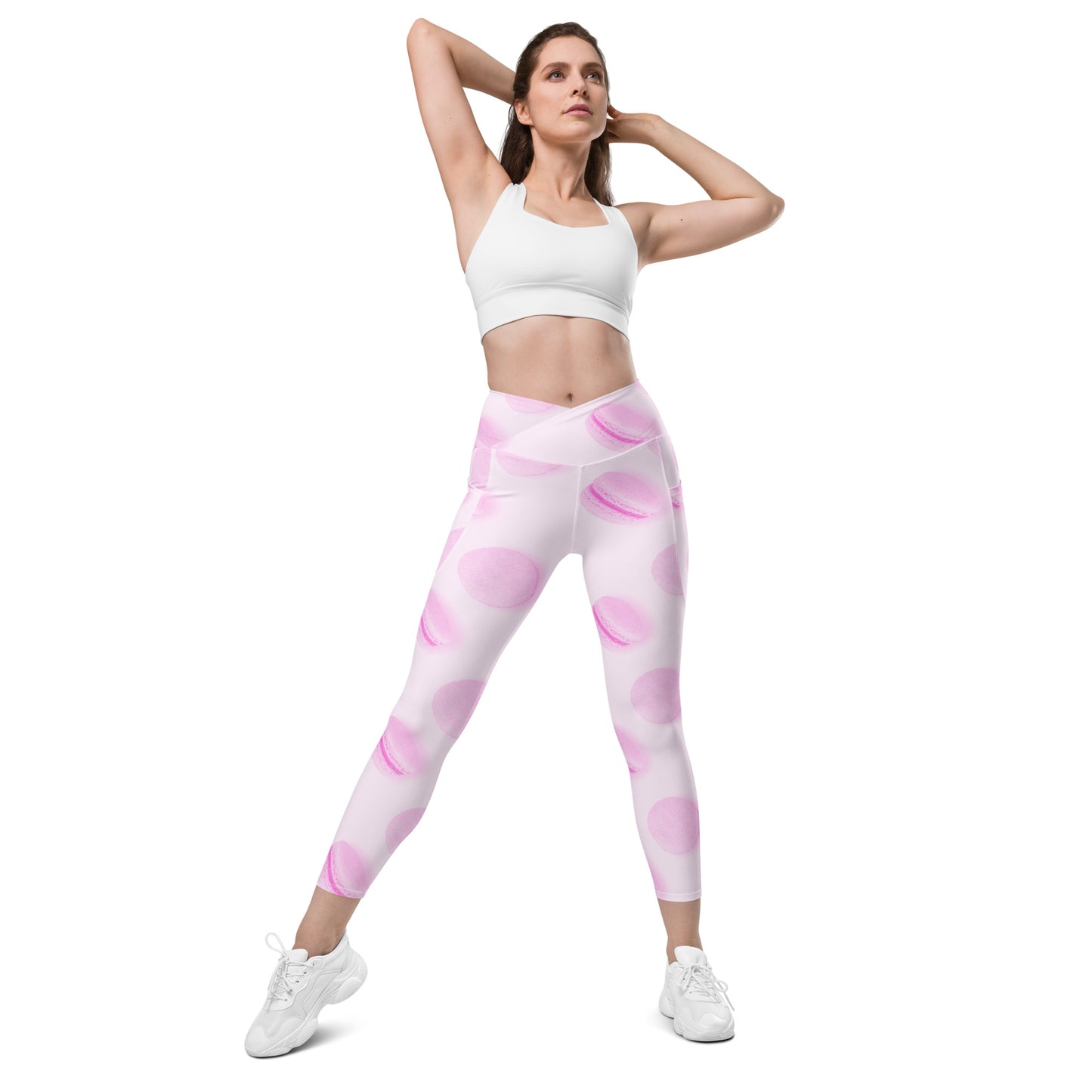 Rosé Macaron Women's Recycled Crossover Leggings With Pockets - FLAKOUT