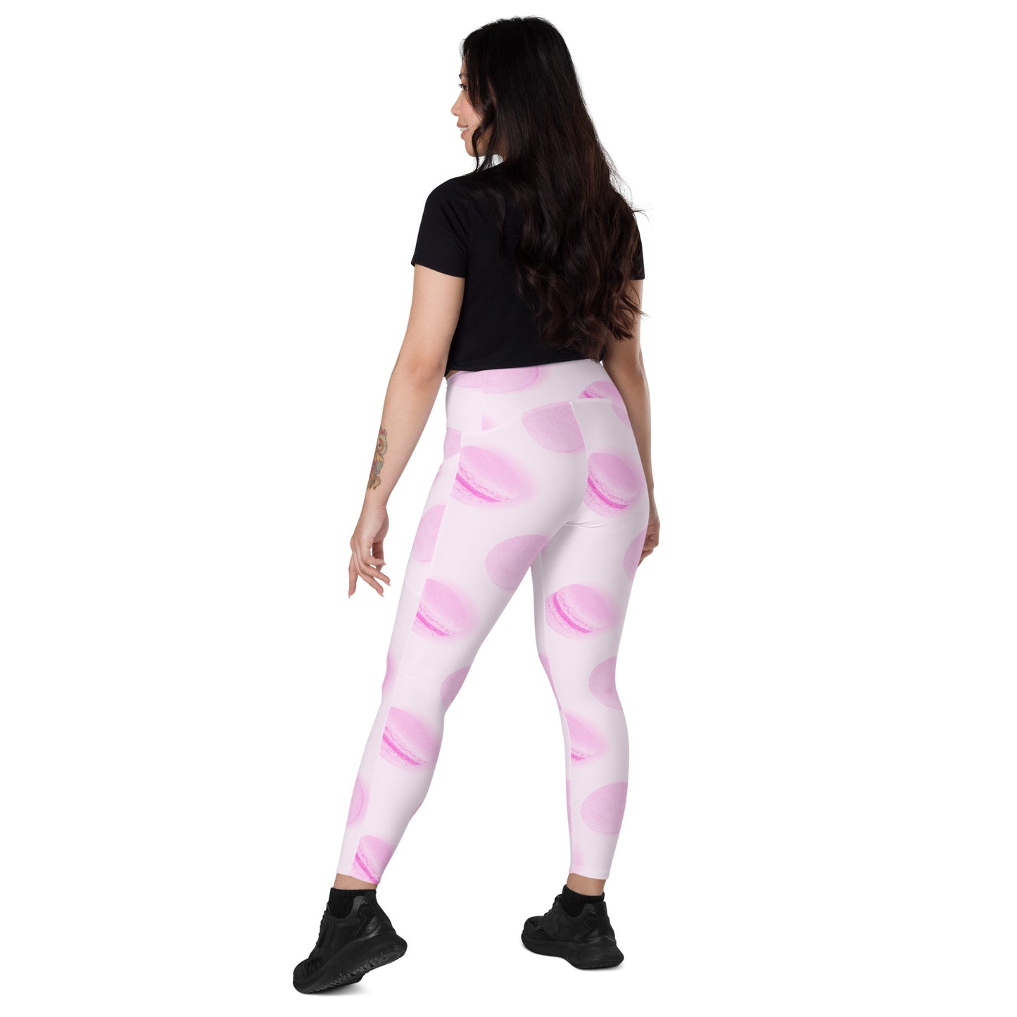 Rosé Macaron Women's Recycled Crossover Leggings With Pockets - FLAKOUT