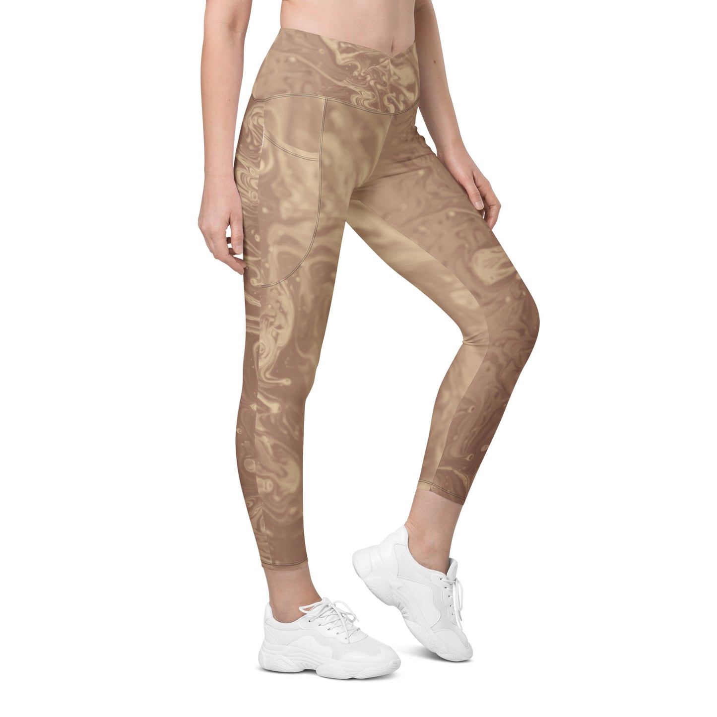 Liquid Beige Women's Recycled Crossover Leggings With Pockets - FLAKOUT