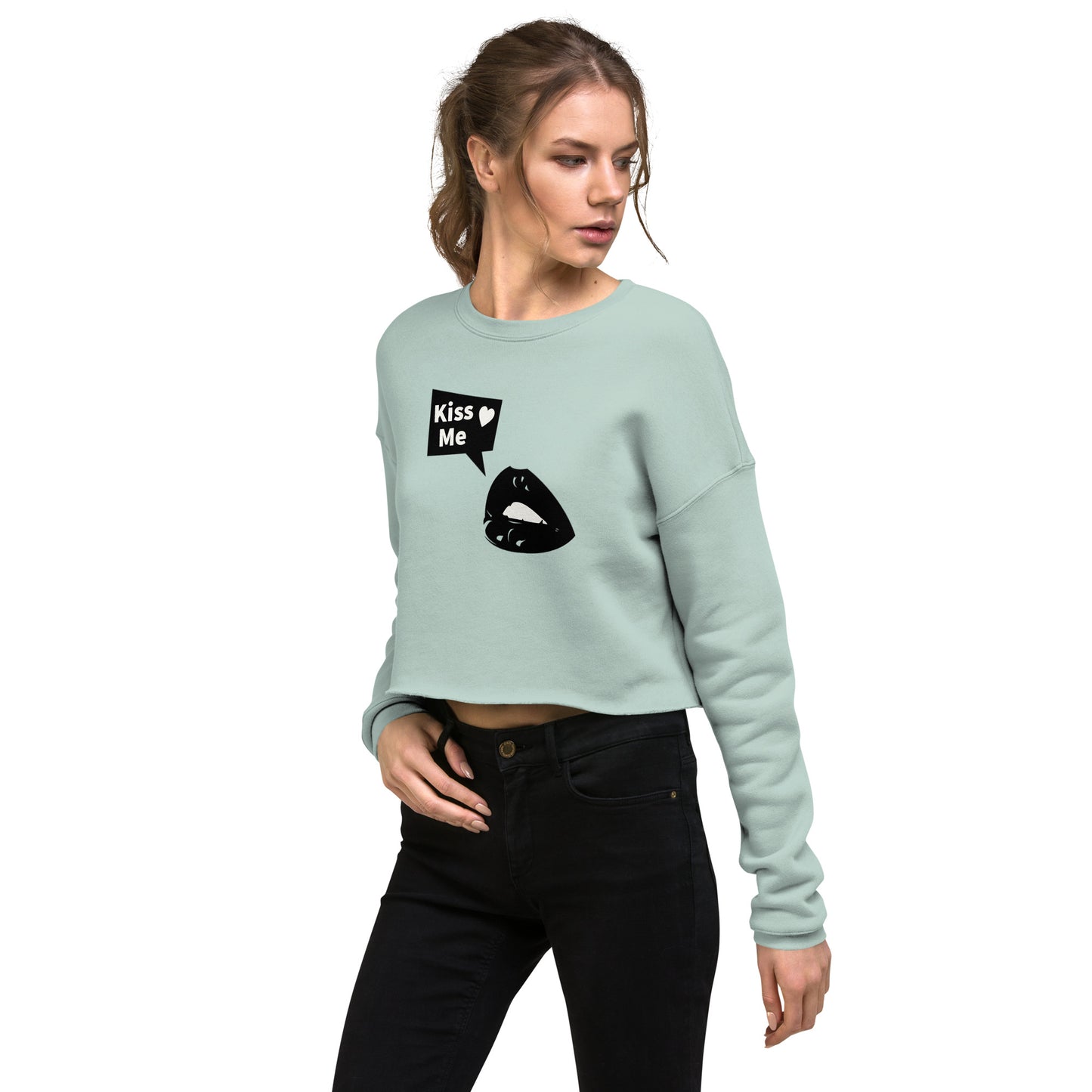 Sweet Talker Kiss Me Women's Crop Sweatshirt - Dusty Blue - FLAKOUT